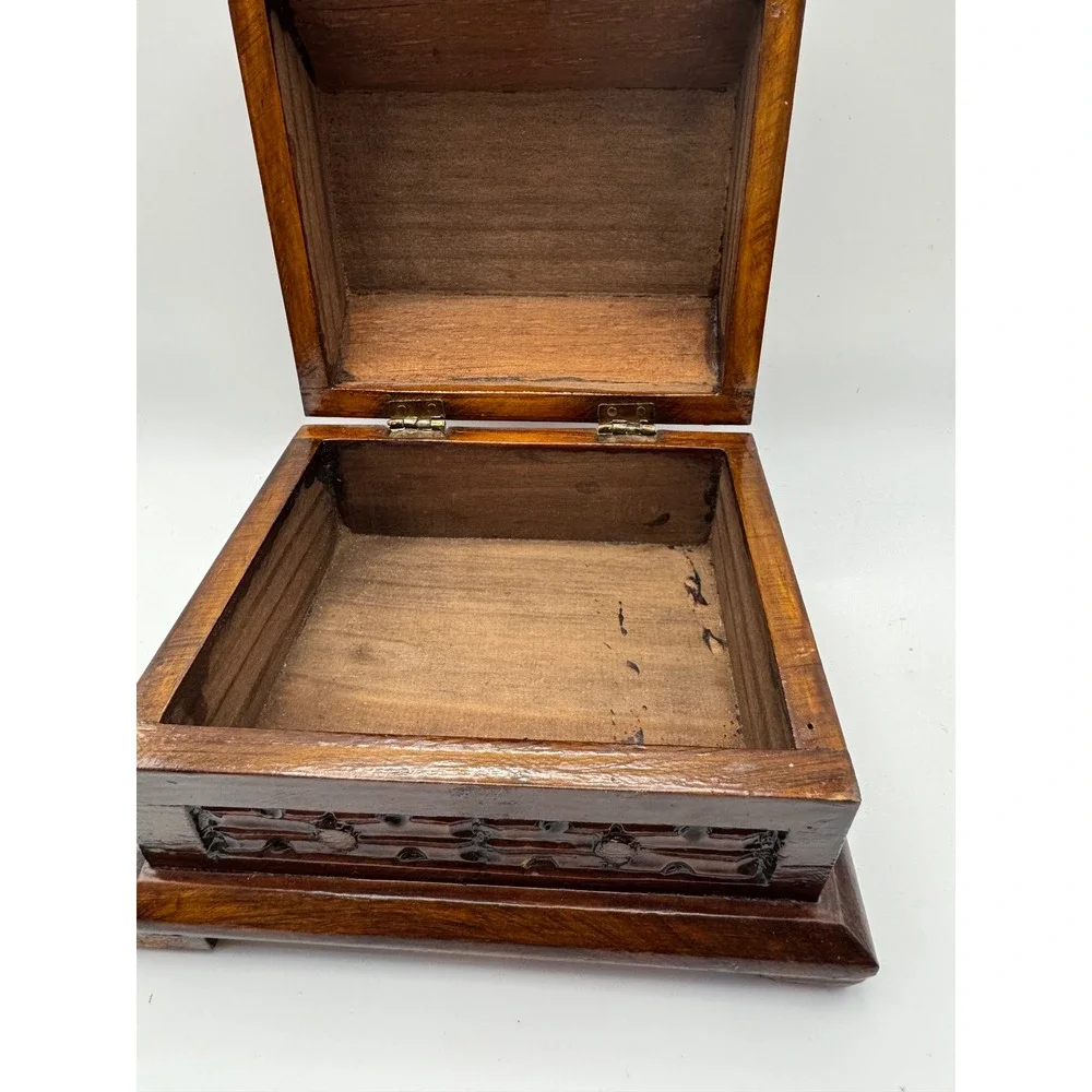 Hand Carved Wooden Jewelry Box Domed Lid Geometric‎ Trinket Keepsake Chest Brown